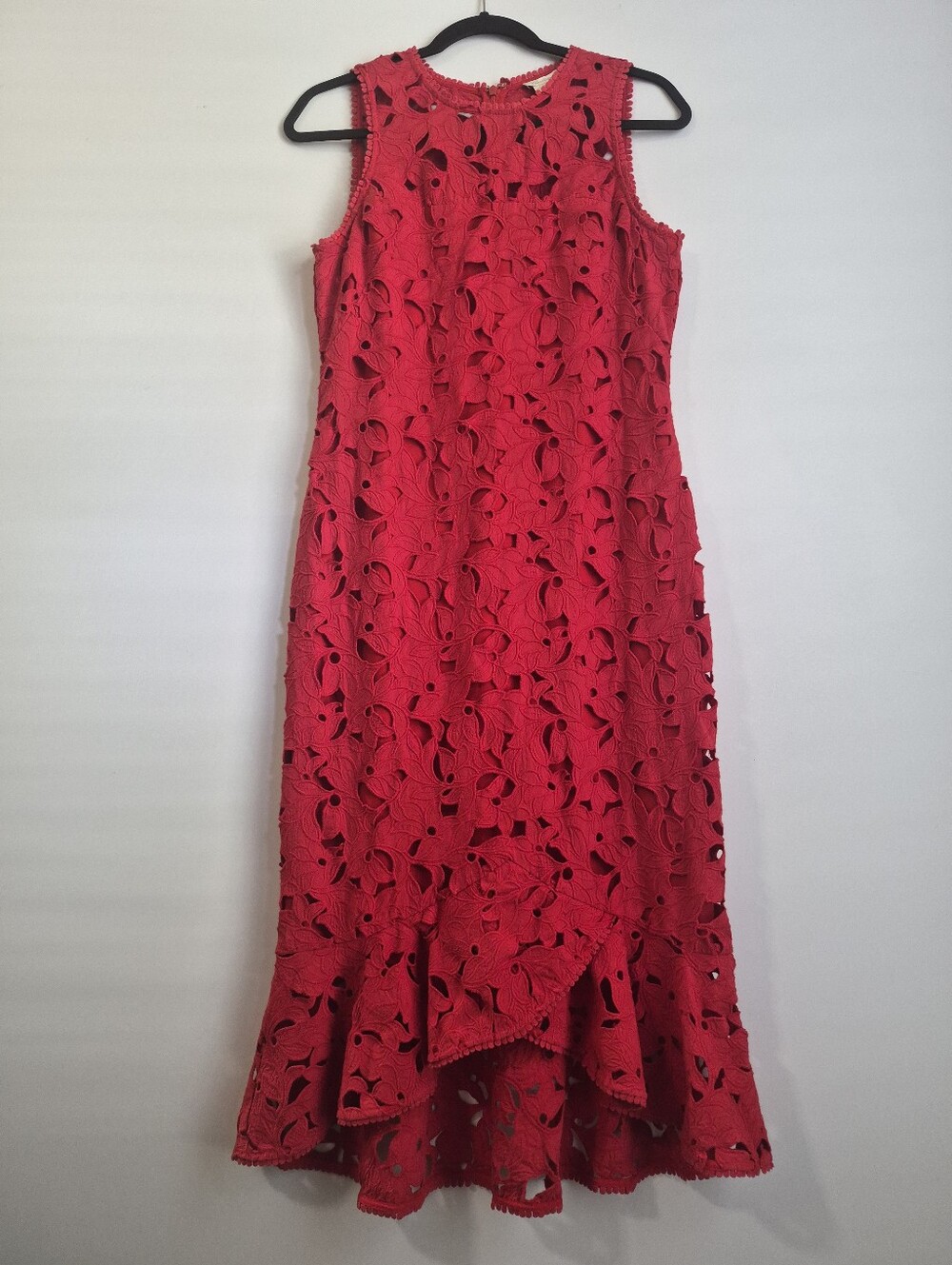Shoshanna Red Embroidered Cotton Eyelet Lace Asymmetric Ruffle Dress 6